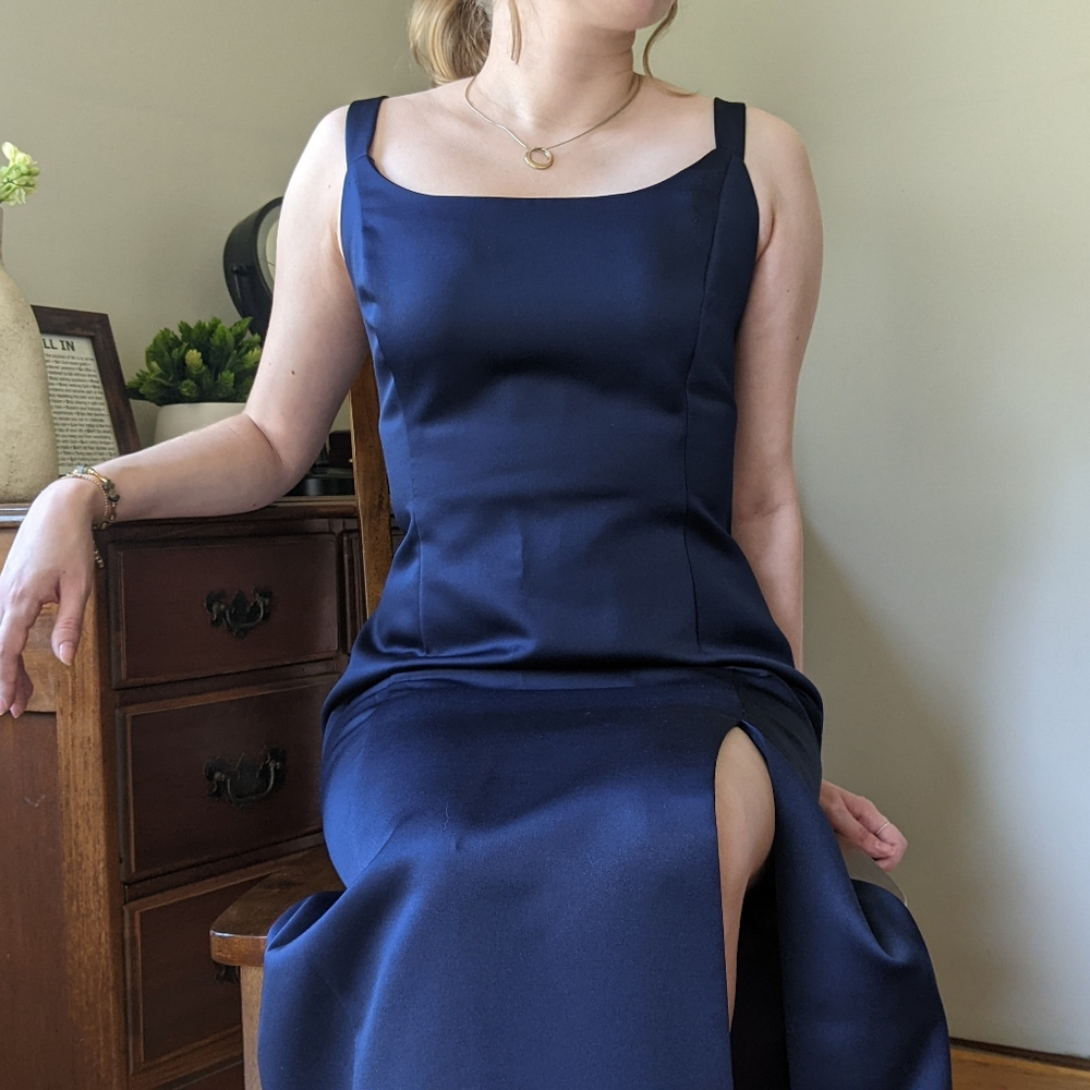 Vintage Navy Satin Evening Gown